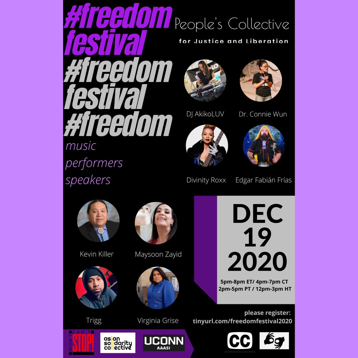 UConnAAASI's tweet photo. We and @Peoples_Collect invites you to the #FreedomFestival which will feature live music, performers &amp; speakers on Sat. 12/19 5-8pm ET. We will honor all forms of art to incite cultural organizing, demand systemic change &amp; imagine new possibilities. RSVP: https://t.co/rXlPaTJa8i https://t.co/GDLtboMhuT