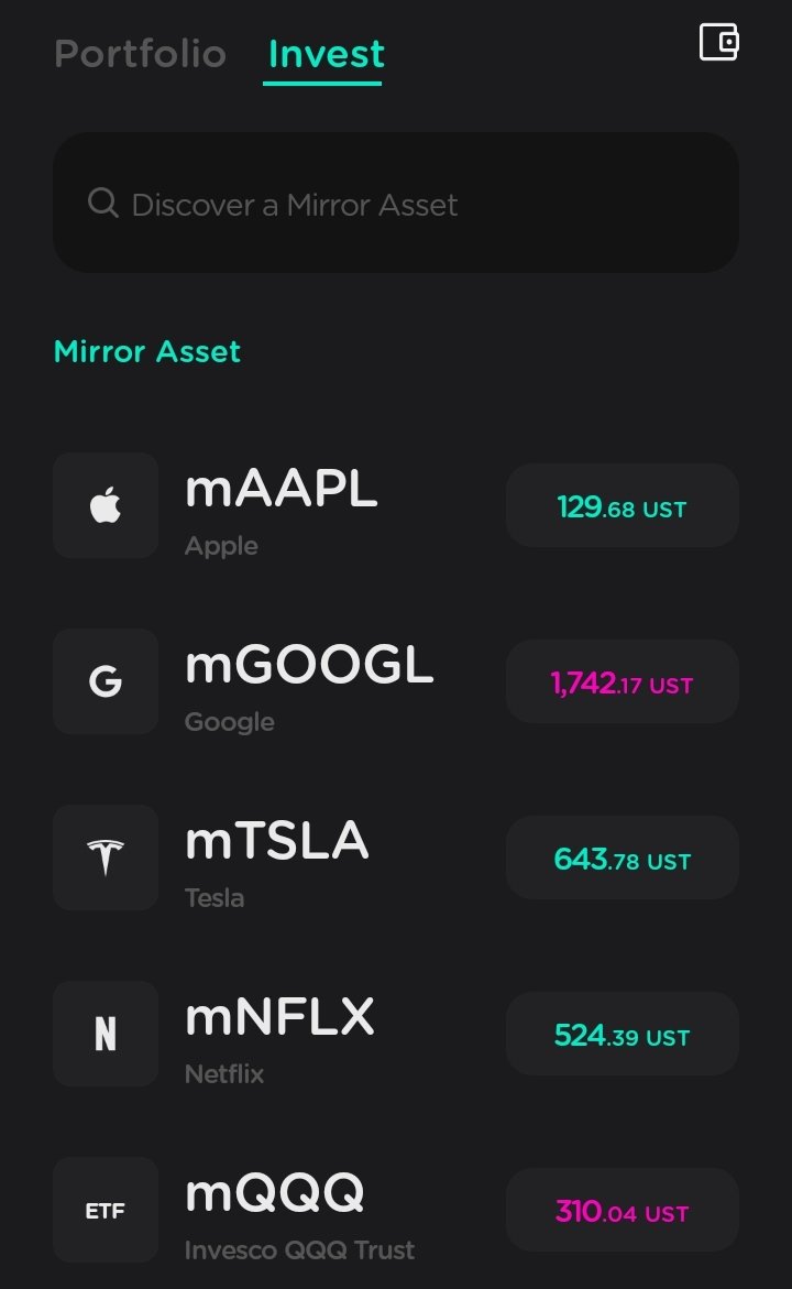 8/  $MIR | I like the interface of the app, it utilizes  $LUNA's stablecoin  $UST.Buying stocks on your phone in a decentralized way.Robinhood has a competitor 