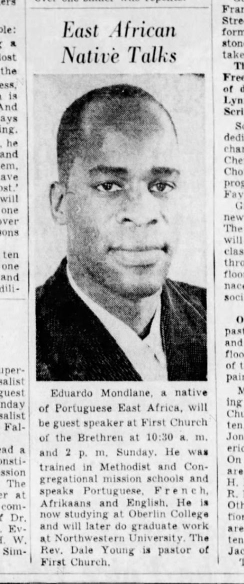 2/Mondlane spoke in a great number of churches in the US during the 1950s. Here are some reports: 1. from Dec. 1951.2. from 1953, while studying  @oberlincollege. 3. from Feb. 1955, while doing a PhD  @NorthwesternU.4. from Ap. 1962, as an anthropology prof  @SyracuseU.