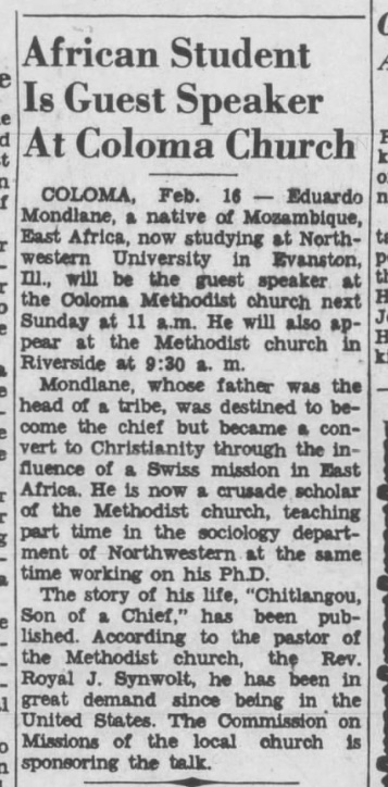 2/Mondlane spoke in a great number of churches in the US during the 1950s. Here are some reports: 1. from Dec. 1951.2. from 1953, while studying  @oberlincollege. 3. from Feb. 1955, while doing a PhD  @NorthwesternU.4. from Ap. 1962, as an anthropology prof  @SyracuseU.