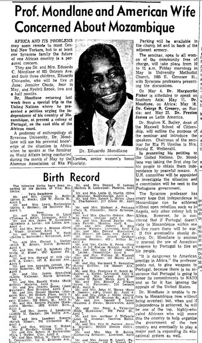 2/Mondlane spoke in a great number of churches in the US during the 1950s. Here are some reports: 1. from Dec. 1951.2. from 1953, while studying  @oberlincollege. 3. from Feb. 1955, while doing a PhD  @NorthwesternU.4. from Ap. 1962, as an anthropology prof  @SyracuseU.