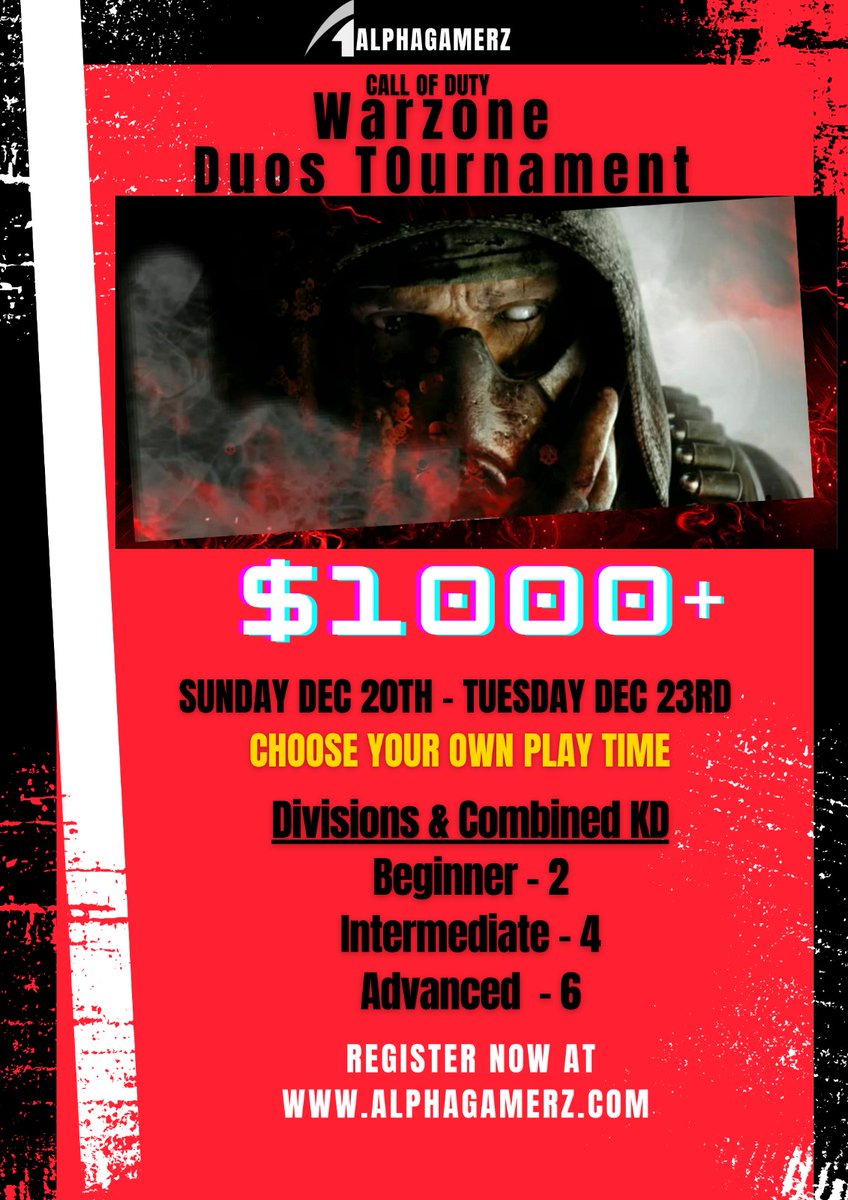 Alphagam3rz's tweet image. Join us for our next three day event: Duos kill Race tournament! Starting Sunday, Dec 20th to Tuesday, Dec 22nd. You pick the time you want to play. Sign up, get kills and get paid! 🔥💰 #Warzoneupdate #warzonetournament #ps5 #Esports #twitchstreamer