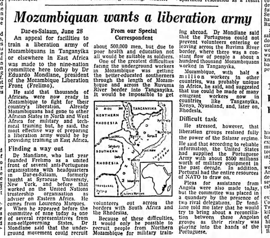 3/By 1962 they were living in Dar es Salaam. Mondlane was recruiting an army to fight the Portuguese.Both reports below are from June 1963. One concerns Mondlane's military plans; the other is about his niece, who came from Madison, Wisconsin to live with them in Dar.