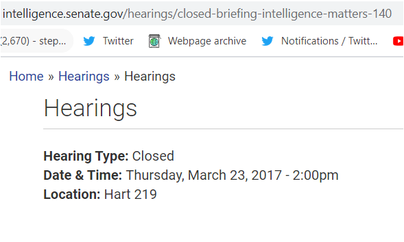 52/ on Mar 23, Strzok's penpal reports that he went to SSCI hearing, also attended by Bill E. (William Evanina). FWIW there was a closed hearing of SSCI that day.