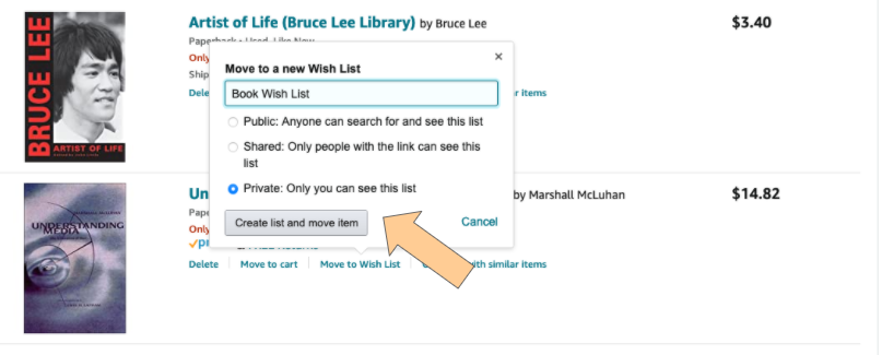 [this may seem complicated but it's honestly 15 seconds of work]1) Click "Save For Later" on the book in your shopping cart.2) Scroll down to find it again and click on "Move To Wish List." 3) Create a new wish list and click "Create list and move item."