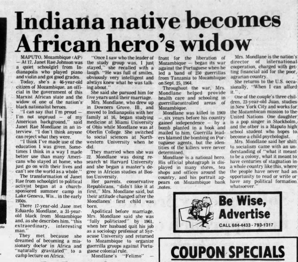6/In Feb. 1979 Mondlane's remains were moved by the new govt to Mozambique. The remains of 5 other FRELIMO leaders--Josina Machel, Felipe Magaia & others--were also relocated.Janet was to stay on in Maputo, where she worked to organise health care and provide education.