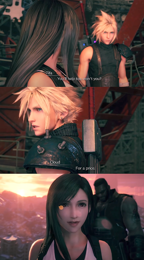In OG, C/T/B climb up a wire to enter Shinra building. In FF7R, there's a ton of new scenes: some gratuitous touching, saving her from Abzu, allusions to the Life stream event, Cloud saving Tifa when the platform collapses, & Cloud agreeing to help Tifa rebuild her bar 