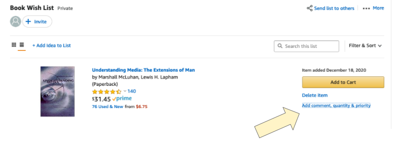 4) Click on "Add comment, quantity & priority."5) Feel free to add who recommended the book, what it's about, and set a priority for it.6) Click "Save" and you're all done! Repeat the steps for all other books in your shopping cart.