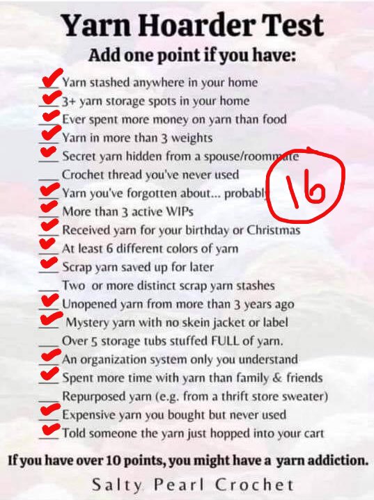 AuthorHJGarrett's tweet photo. Yarn Hoarder Test... 10 or more? Yeah, I scored 16. #knottyHooker #knitter #YarnMagician https://t.co/CTLJJ0Fhcm
