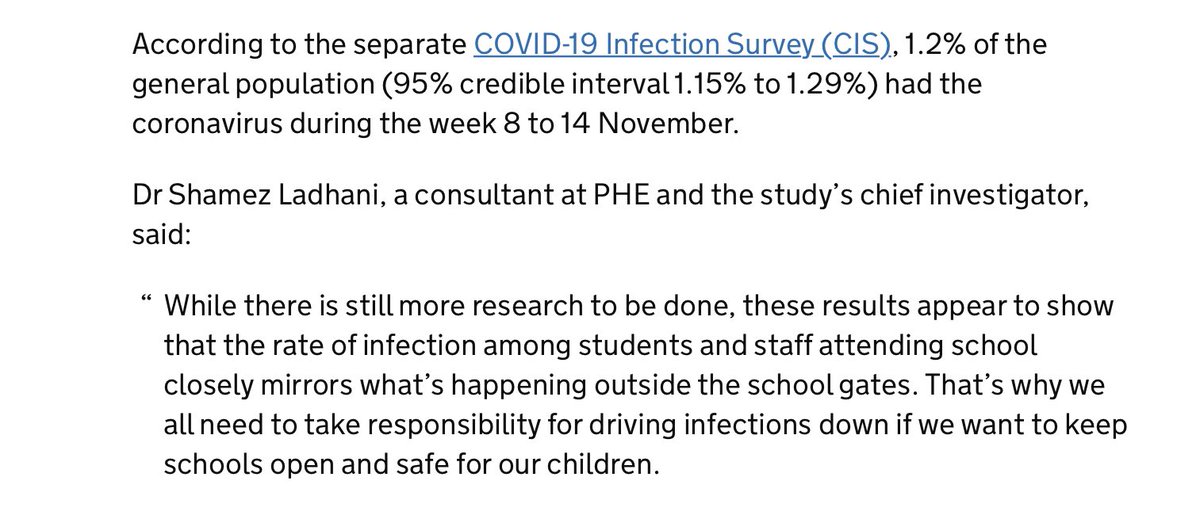 Ah, wait! I forgot to tell you the offending punchline from the press report. It was the *context* in which they placed Dr Ladhani’s “mirror” quote.  16/ https://www.gov.uk/government/news/covid-19-infection-rates-in-schools-mirror-rates-in-the-community