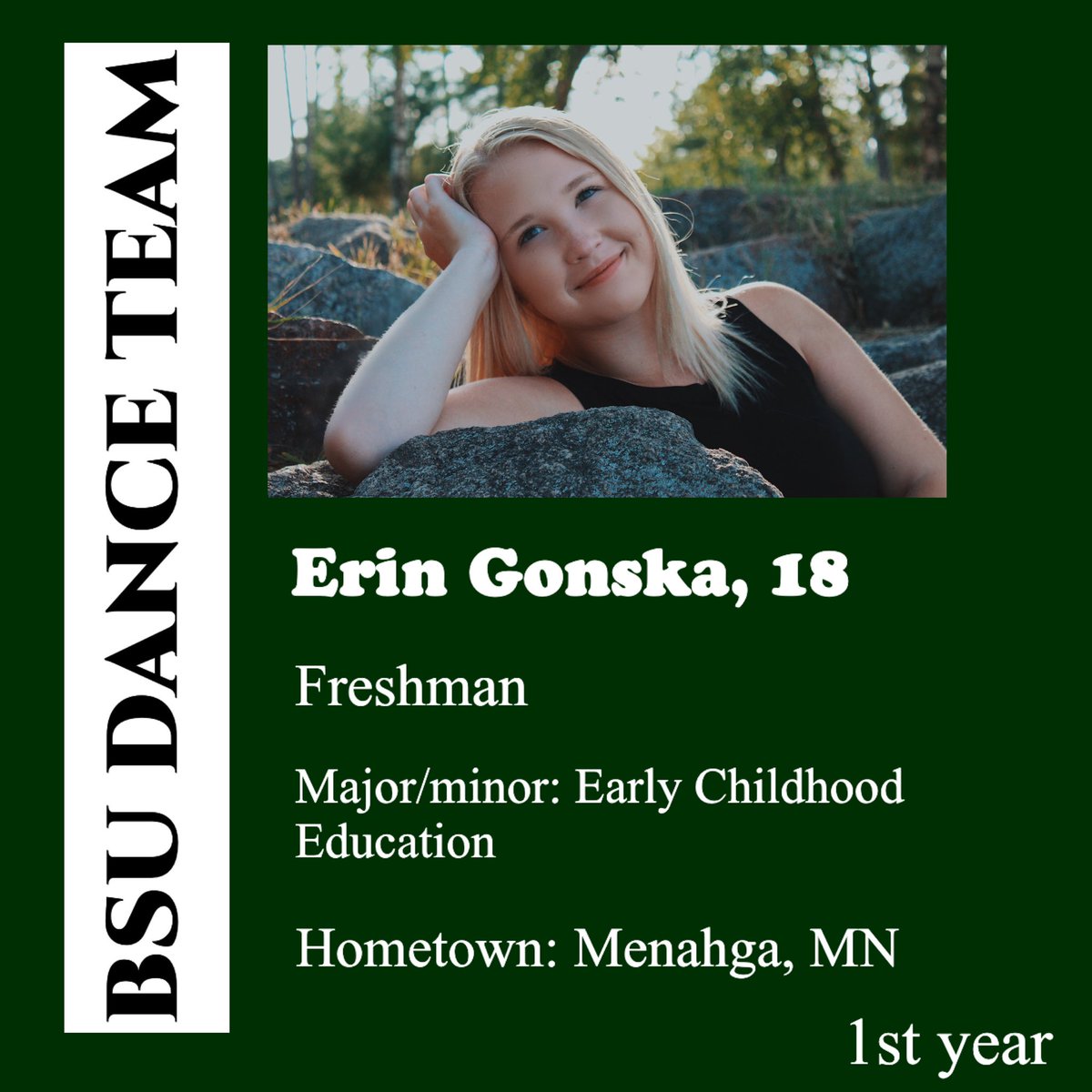 BSUDT's tweet photo. Meet Erin, another one of our newest members!

She’s been dancing for 14 years at JFK and now is a coach for JFK! Welcome Erin💚 https://t.co/JtI0z370hU