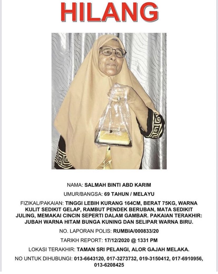 shxhrxlxr's tweet photo. Perhatian orang orang Melaka: 🚨 

Boleh hubungi no tertera kalau ternampak beliau di sekitar Alor Gajah atau di kawasan sekitar. Ibu seorang kawan dikhuatiri hilang semoga dipermudahkan dengan bantuan rakan internet. https://t.co/D5f9L89VY8
