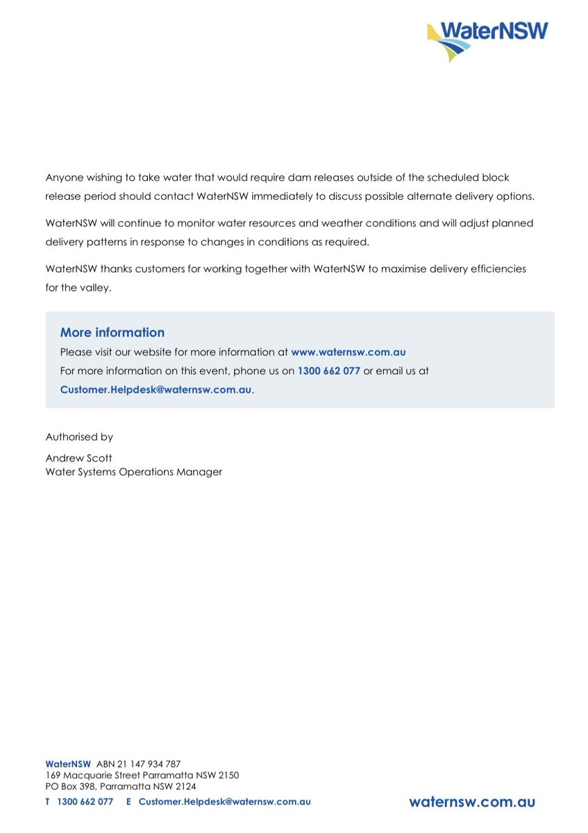 The Namoi Block release got underway on the 16/12/20. You can expect to see water flowing in the Namoi over the next couple of weeks. 💦 Users please place your general security orders as soon as possible.