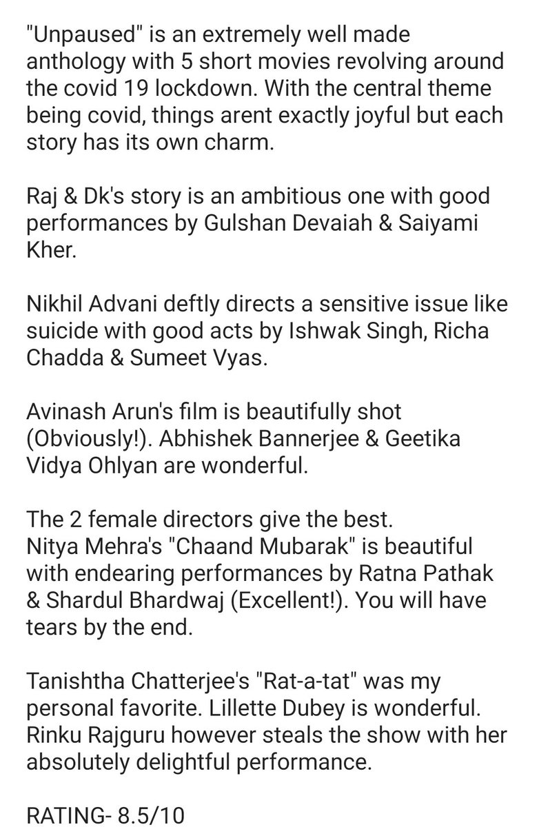 161. UNPAUSED @PrimeVideoIN A beautifully made anthology of 5 short films with the best ones by the 2 female directors.My review below- @rajndk  @gulshandevaiah  @SaiyamiKher  @nikkhiladvani  @RichaChadha  @IshwakSingh  @vyas_sumeet  @nowitsabhi  @GeetikaVidya  @TannishthaC  @nitya_mehra