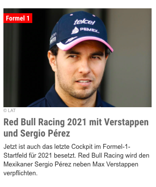 DriveMx1's tweet photo. Speedweek, parte del conglomerado @RedBullMedia
ha dado la primicia:
Red Bull Racing fichará al mexicano Sergio Pérez junto a Max Verstappen.
El último asiento en la parrilla de salida de la Fórmula 1 para 2021 ahora también está ocupado.
#DriveMX #checogivesyouwings https://t.co/FPFCSewoj8