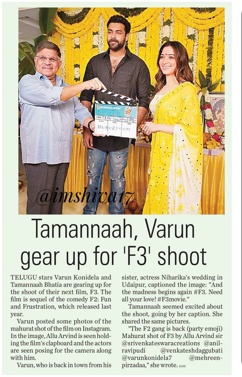 @tamannaahspeaks ,  @IAmVarunTej gear up for 'F3' shoot 

Telugu star #VarunKonidela and 
  #TamannaahBhatia are
gearing up for the 
shoot of their next film, #F3