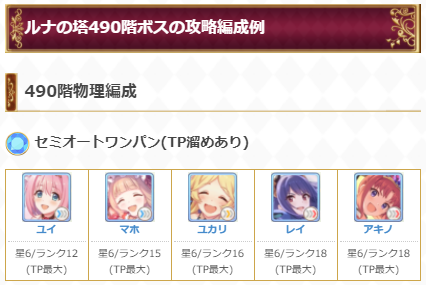 プリコネr攻略 Gamewith ルナの塔490階のワンパン編成を掲載しました ボスのubの防御デバフがかなり強力 デバフ 中にアオイのubなどを受けると壊滅してしまうので ユイのバリアでデバフを防ぐのが重要です これから代用キャラなども更新していきます