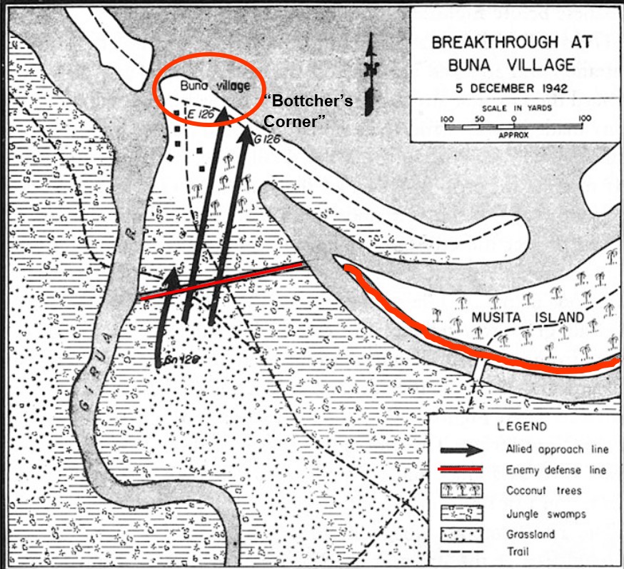 8/12After hours of close combat, using Thompson guns and grenades, the small group crawled over bodies and wreckage to the beach and dug into the sand.On the beach they claimed to have killed 40 Japanese and wounded a dozen more.Bottcher's men were isolated.