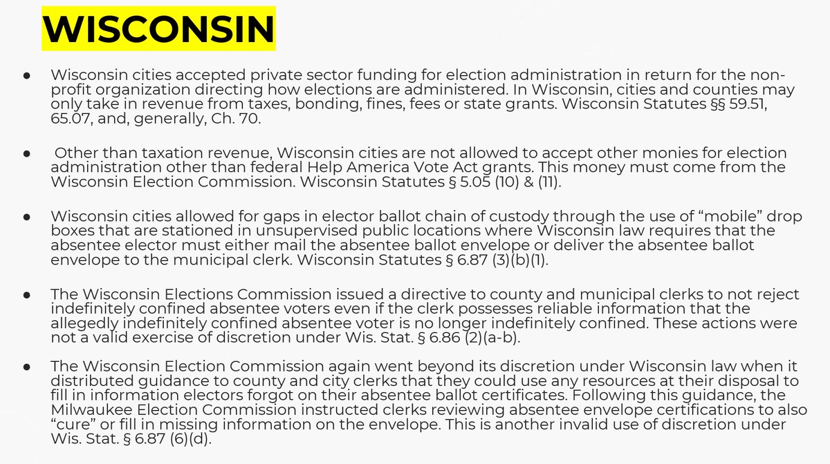 5/ WISCONSINThe “Wisconsin Safe Election Plan” was not authored by the state. Effectively, CTCL managed the election in these five cities.•Promote no voter ID "indefinitely confined" •Drop Boxes breaching chain of custody•Consolidating counting centers