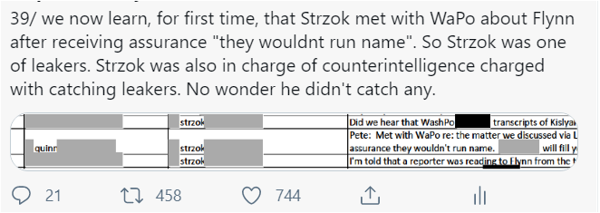53/ reader pointed out to me that I incorrectly interpreted Strzok as sender of this text, when he was recipient. I agree. On other hand, Strzok seems to have been read in on leak by FBI to WaPo and not trying to catch leakers.