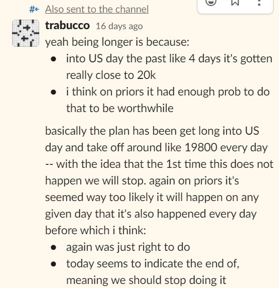 If you're just running a study on the past few weeks, you might come to the conclusion that selling near $20k is just an incredible trade -- we ran this study and came to that conclusion a few times! Here's a post I made in our "delta-force" channel on Slack: