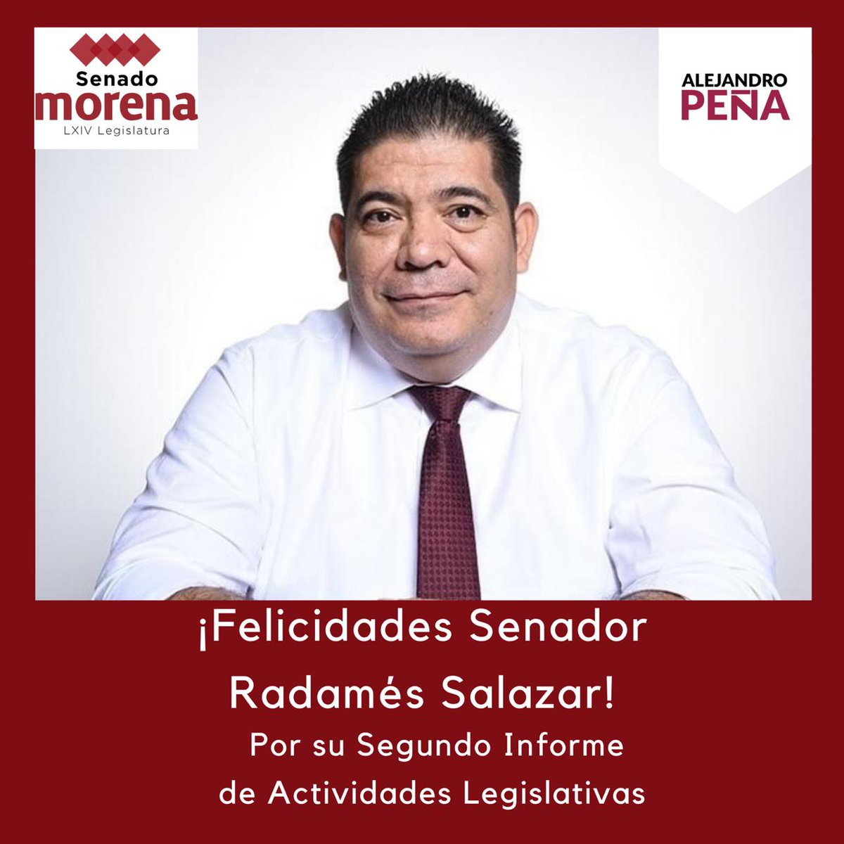 JAlejandroPenaV's tweet photo. Felicito por su Segundo Informe de Actividades Legislativas a mi compañero en @MorenaSenadores, Senador @RadamesSalazar, sin duda ha desarrollado una gran labor legislativa.
#JuntasYJuntosSeguiremosHaciendoHistoria https://t.co/nuNeNZPzo3