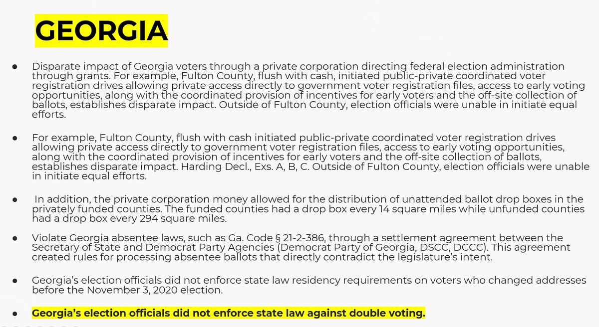 7/ GEORGIAFulton County allowed private access directly to government voter registration files & access to early voting opportunities. CTCL-funded counties had drop boxes every 14 square miles while unfunded counties had drop boxes every 294 square miles.