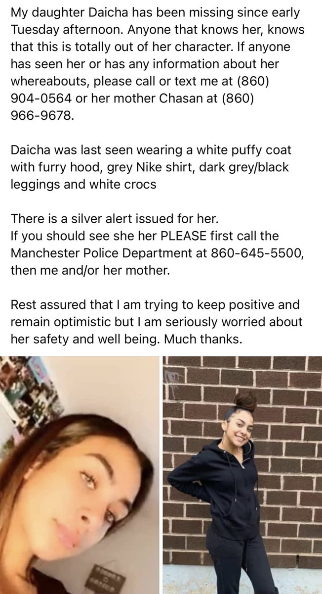 buhdahkream's tweet photo. My cousin is missing in the Manchester,CT area, PLEASE if you know anything or have seen her get in contact with anyone listed in the photograph below. https://t.co/XMQj7ca99x