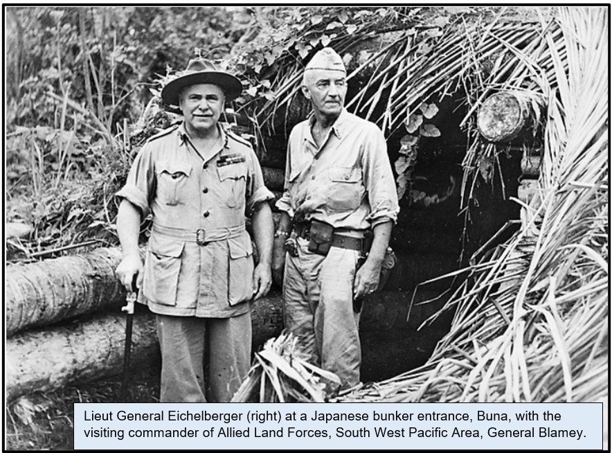 Badly stalled, 32d Div was now able to advance to the beach to split the defending Japanese forces of Colonel Yokoyama.Lt. Gen. Eichelberger, elated, crawled to the front and promoted Bottcher on the spot to the rank of Captain.Of 4 US Generals @ Buna, he was the only one left.