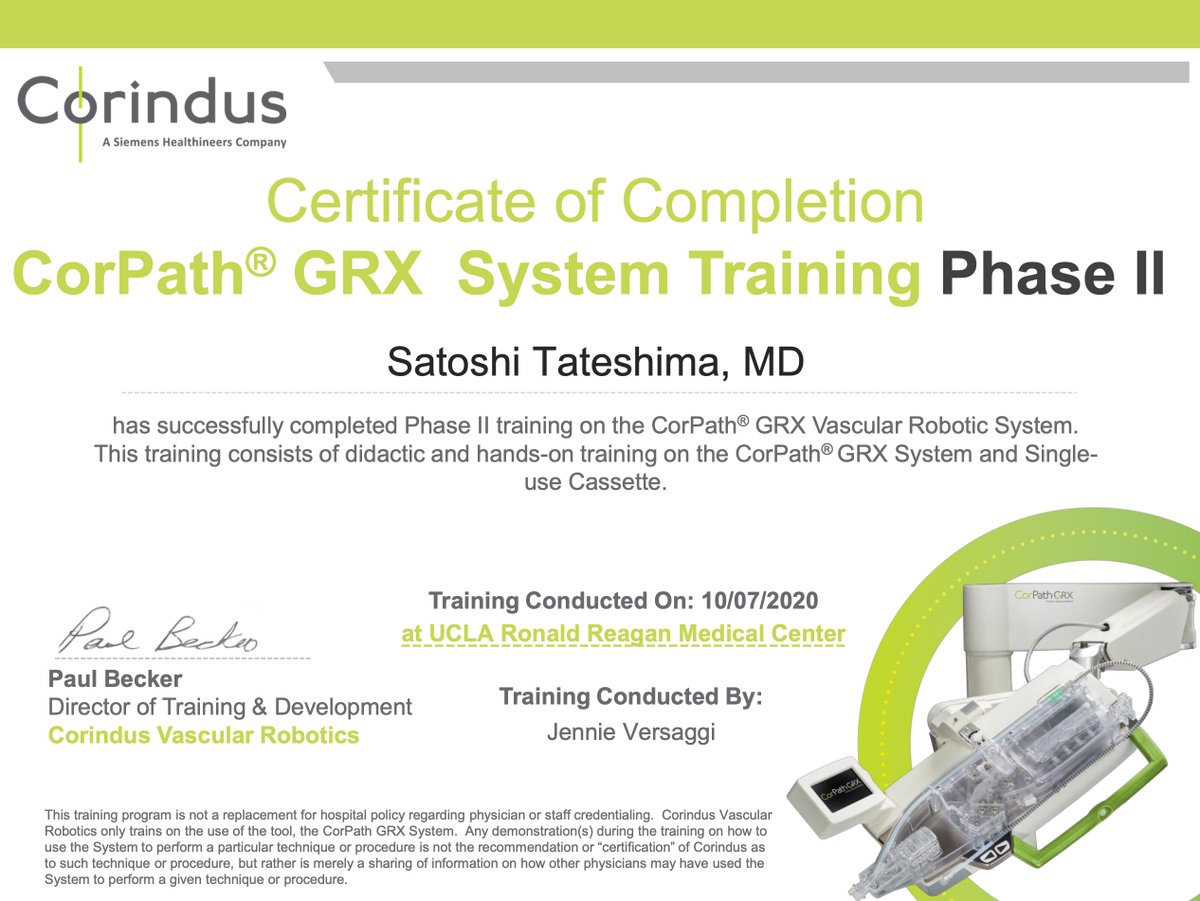 STateshimaMD's tweet photo. #Corindus #CorPath GRX Phase II training completed with 12 robotic cases as a primary operator. #roboticintervention #robotics https://t.co/KsAXERGoA8