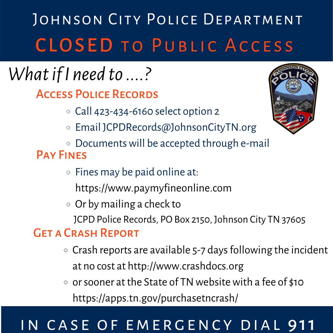 Limiting public access to JCPD is to protect the health and safety of our staff and the community due to the increase in COVID-19 in our region. JCPD continues to serve our community in every regular capacity.  
We are here if you need us. Always.