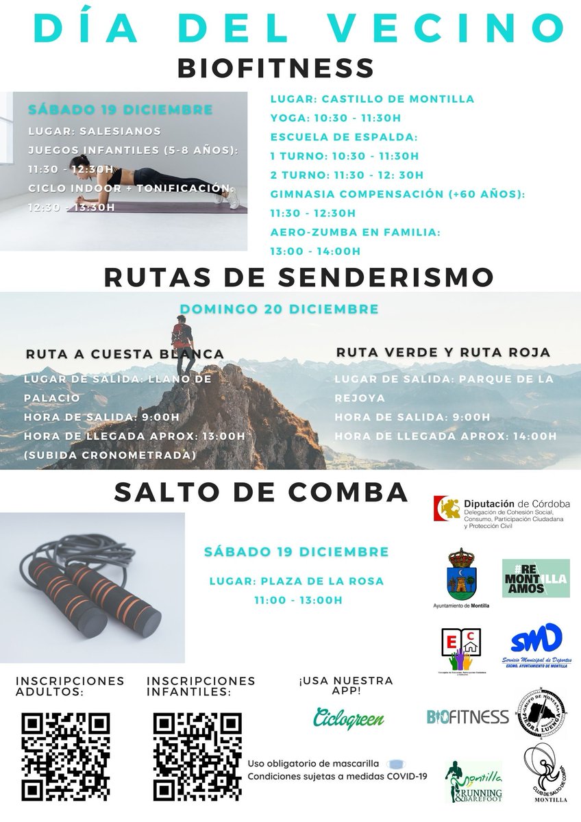 CijMontilla's tweet photo. Un Día del Vecino diferente y con el deporte como protagonista

👉El programa para los días 19 y 20 de diciembre propone actividades individuales en la jornada del sábado por el centro y tres rutas senderistas para el domingo 

Info e inscripciones ➡️ https://t.co/vsElTuF465 https://t.co/IH4j29E95F