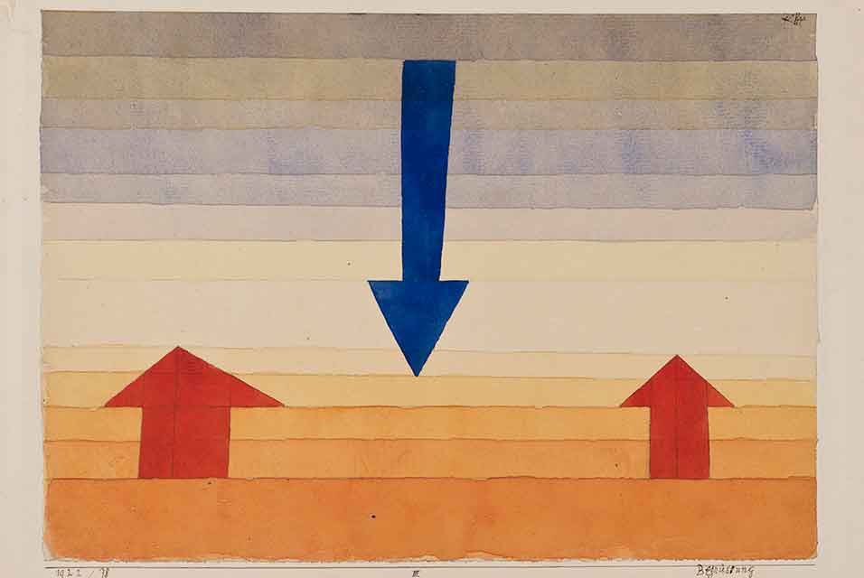 Paul Klee, 1922: 'Begrüssung Greeting', watercolor, pen and ink on paper; - quote of Paul Klee, 1925:' The father of the arrow is the thought: how do I expand my reach? Over this river? This lake? That mountain?'
