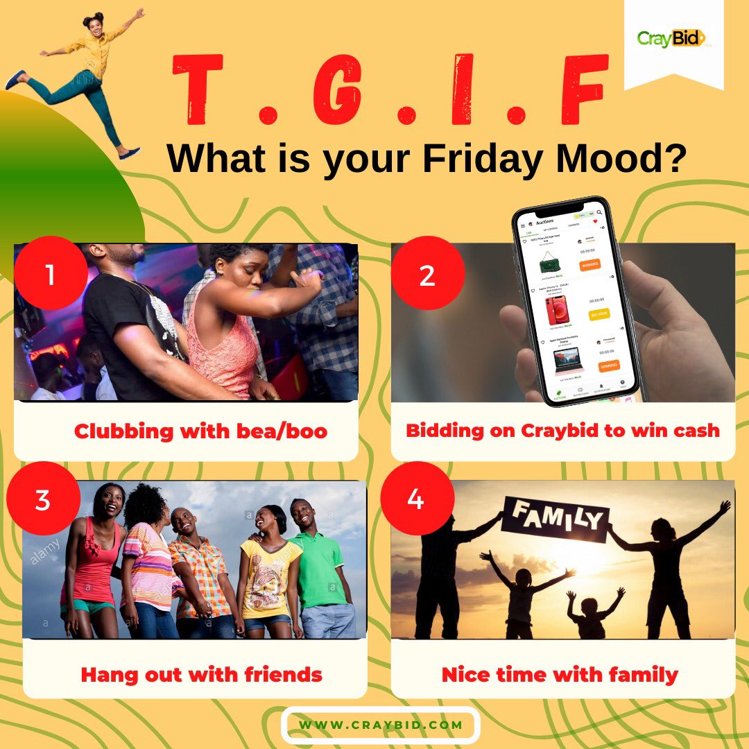 betascratch_bkp's tweet photo. Hey #Craybid Family 🕺💃 #TGIF 

Is that #Friday feelings activated yet? 

Tell us in the comment section what your Friday mood is 😉.

🔸https://t.co/wGXFysPcXG 🔸 or Download Craybid App on Google Playstore.

#Friday #Mood #Craybid #TGIF #Auction #Luckywinners #craybidwinner https://t.co/OwVW9j2ZIZ