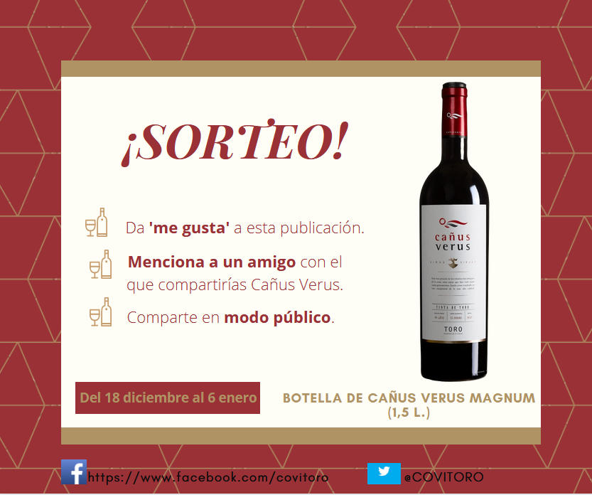 COVITORO's tweet photo. ‼️#SORTEO‼️

Requisitos de participación:
✅Síguenos.
✅Retuitea.
✅Menciona a un amigo.

🎁 Llévate GRATIS una botella de CAÑUS VERUS VIÑAS VIEJAS MAGNUM. 🍷
 
🗓️ Participa del 18/12/2020 al 06/01/2021.

*Debes ser mayor de edad y con dirección de envío en España (península). https://t.co/oJzItdt7sb