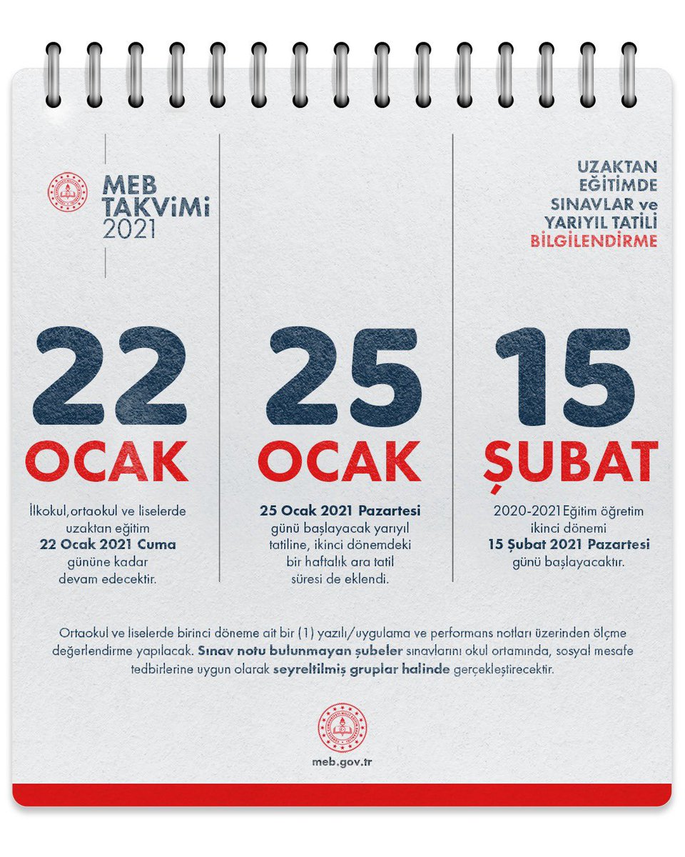 MEB, uzaktan eğitim süreci, okullardaki sınav planlamaları ve yarıyıl tatili takvimiyle ilgili Covid-19 salgınının seyrine bağlı olarak yeni düzenlemeler yaptı.
<a href="/SuleymanCan71/">Süleyman Can 🇹🇷</a> <a href="/izmir_ilmem/">İzmir İl Milli Eğitim Müdürlüğü</a>