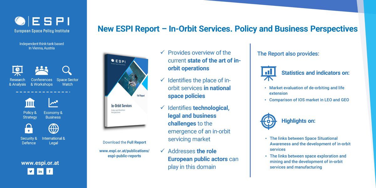 ESPIspace's tweet image. New ESPI Report “In-Orbit Services. Policy and Business Perspectives” has just been published 🚀 lnkd.in/dDgt8DE 

#InOrbitServicing #spacepolicy #EUSpace #ActiveDebrisRemoval #MEV #InOrbitManufacturing