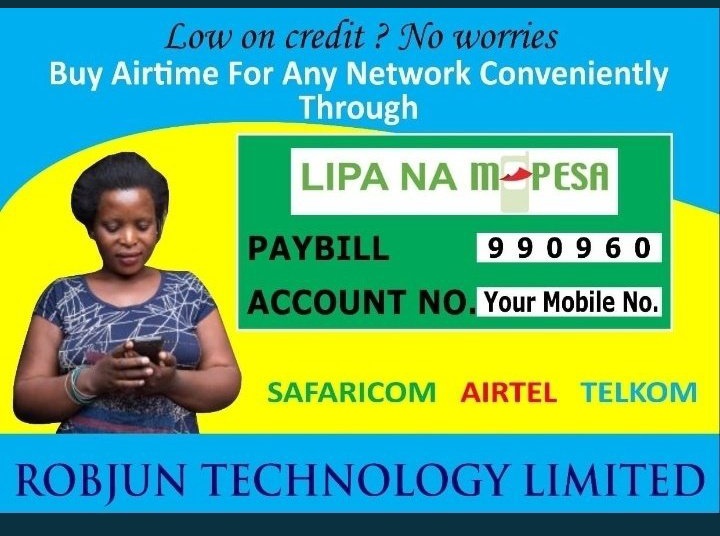 Worry less about going all the way to the shop to buy credit. @robjun_990960 has got you covered 🔥🔥 
Buy credit through Mpesa using the paybill number 990960 for any of your preferred network🌀🔥
#classof2020 #SonkoOut #SonkoIMpeachment #SonkoImpeached Kahush, Sakaja , Igathe.