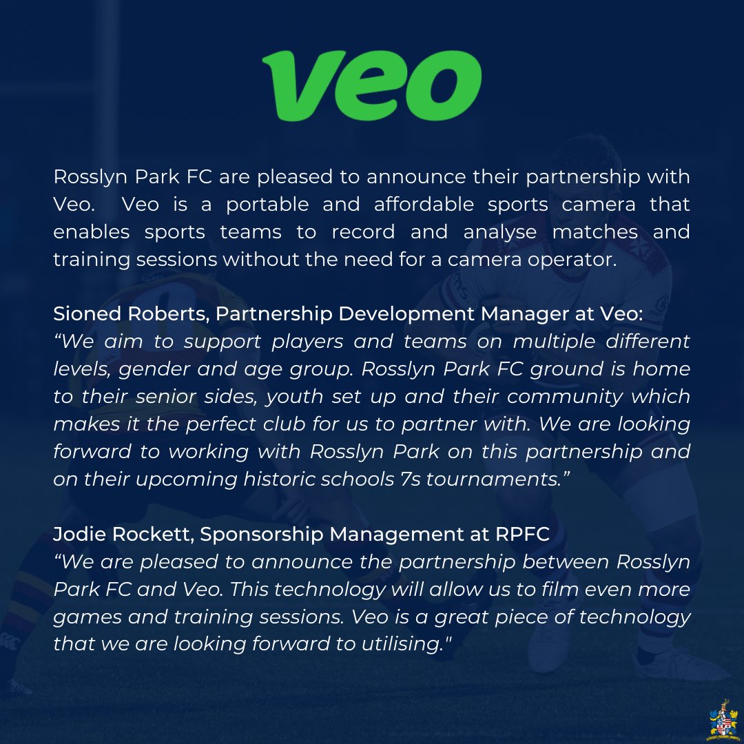 rosslynpark's tweet photo. We are pleased to announce our partnership with @veocamera 

We look forward to using their kit across the club to improve our training and match recording &amp; analysis. 

https://t.co/CBAzWnyuUd https://t.co/eHnWNThWyk