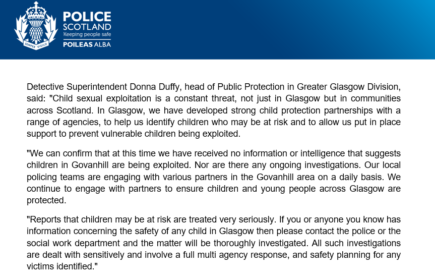 Read our statement on social media reports that suggest children in #Govanhill are being exploited