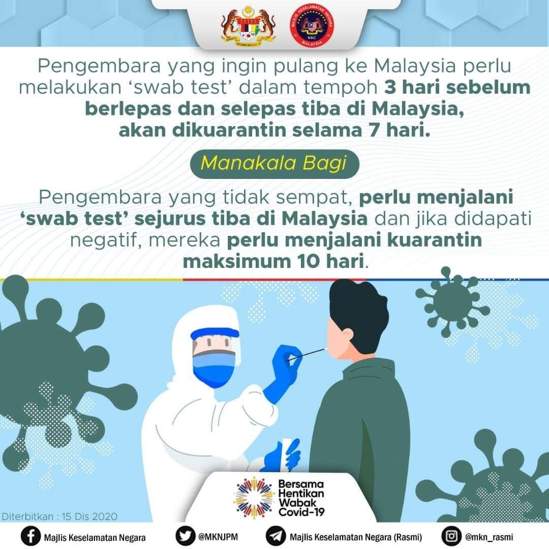 Rtm Malaysia On Twitter Pengembara Yang Ingin Pulang Ke Malaysia Perlu Melakukan Swab Test Dalam Tempoh 3 Hari Sebelum Dan Selepas Tiba Di Malaysia Akan Dikuarantin 7 Hari Pkpb Kitateguhkitamenang Komunikasikita Psacovid19rtm