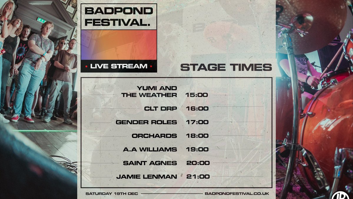 Bad Pond Festival (@badpondfestival) on Twitter photo Are you as excited as we are for Bad Pond Live Stream tomorrow?? 👏
Watch here: link.smallpondrec.co.uk/bp-live-stream
<a href="/_yatw/">Yumi And The Weather</a> - 15:00
<a href="/CLTDRP3/">CLT DRP</a> - 16:00
<a href="/genderrolesuk/">𝐆𝐄𝐍𝐃𝐄𝐑 𝐑𝐎𝐋𝐄𝐒</a> - 17:00
<a href="/Orchardslive/">🪐 Orchards 🪐</a> - 18:00
<a href="/aawilliamsmusic/">A.A. Williams</a> - 19:00
<a href="/WeareSaintAgnes/">𝖘 𝖆 𝖎 𝖓 𝖙 𝖆 𝖌 𝖓 𝖊 𝖘</a> - 20:00
<a href="/jamielenman/">Jamie Lenman</a> - 21:00
See you there! 🤩 Are you as excited as we are for Bad Pond Live Stream tomorrow?? 👏
Watch here: link.smallpondrec.co.uk/bp-live-stream
<a href="/_yatw/">Yumi And The Weather</a> - 15:00
<a href="/CLTDRP3/">CLT DRP</a> - 16:00
<a href="/genderrolesuk/">𝐆𝐄𝐍𝐃𝐄𝐑 𝐑𝐎𝐋𝐄𝐒</a> - 17:00
<a href="/Orchardslive/">🪐 Orchards 🪐</a> - 18:00
<a href="/aawilliamsmusic/">A.A. Williams</a> - 19:00
<a href="/WeareSaintAgnes/">𝖘 𝖆 𝖎 𝖓 𝖙 𝖆 𝖌 𝖓 𝖊 𝖘</a> - 20:00
<a href="/jamielenman/">Jamie Lenman</a> - 21:00
See you there! 🤩
