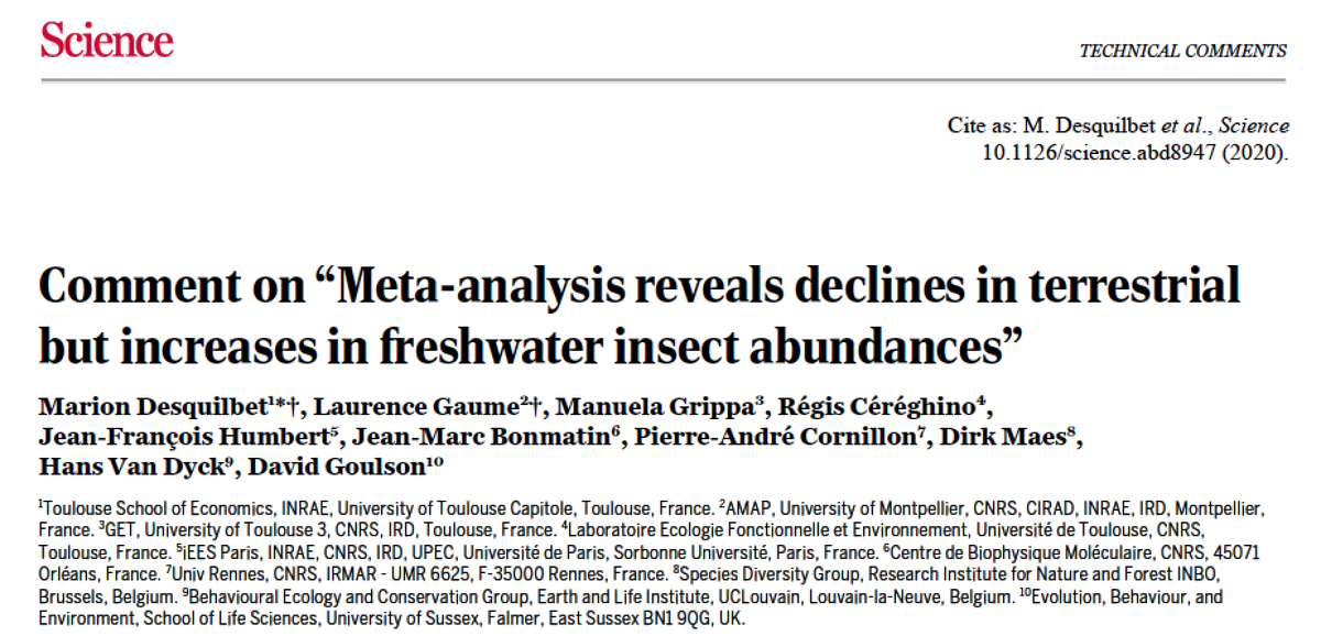 Methodological flaws raise concerns on a recently published #metaanalysis that took nuanced look at #insectdecline

Read comment in Science: science.sciencemag.org/content/370/65…

#insects #insectageddon #InsectApocalypse #biodiversity #globalchange @INEE_CNRS @CNRS_Toulouse @FuncEcolEnv