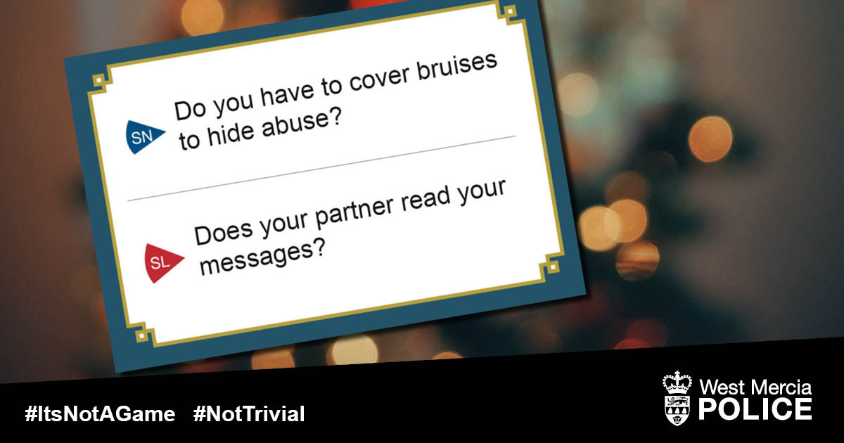 WMerciaPolice's tweet photo. Have you noticed a change in your partner this year? Do you keep making excuses for why your partner might have changed?
There is no excuse for domestic abuse.
#Itsnotagame #NotTrivial https://t.co/sKJry7bWIV