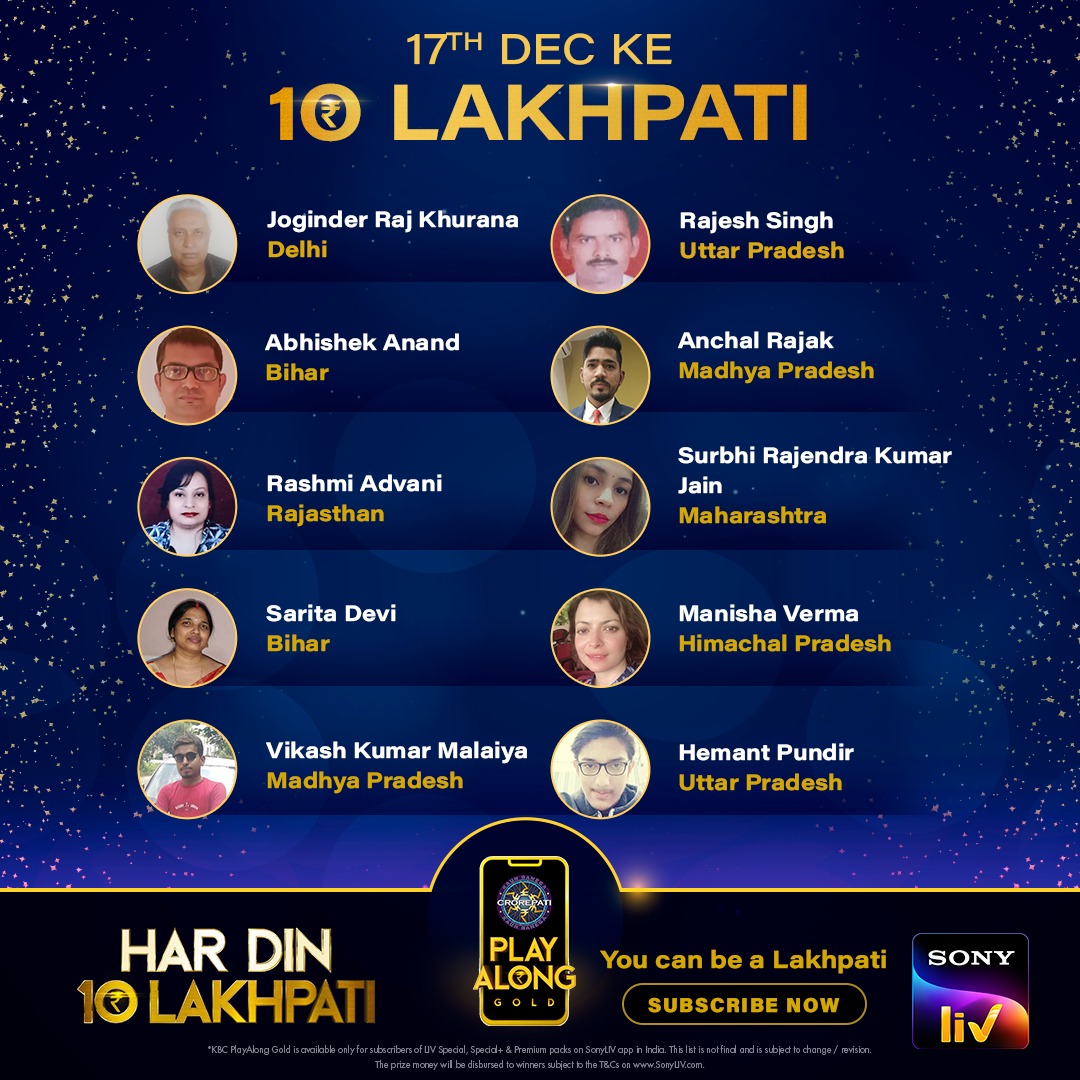 SonyLIV's tweet photo. Congratulations to our 10 Lakhpatis from 23rd November.
You can be the next one too! 
Don't miss out on this chance because #KBCPlayAlongGold is making #HarDin10Lakhpati
Register on SonyLIV. 
Play now and win exciting prizes worth lacs for FREE!
https://t.co/4DLeI1KdHC https://t.co/mmB74y0lh4