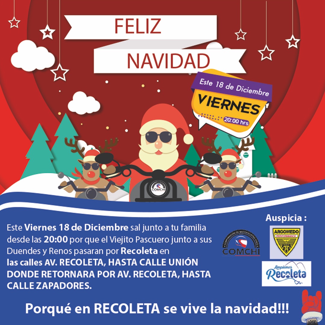 rodrigoalacranm's tweet photo. Este Viernes el Viejito Pascuero se sube a su moto junto a sus renos y duendes, para llevar alegría a las familias de Recoleta. 
#navidadenrecoleta #motociclistasnavideños https://t.co/rKacsrmw0P