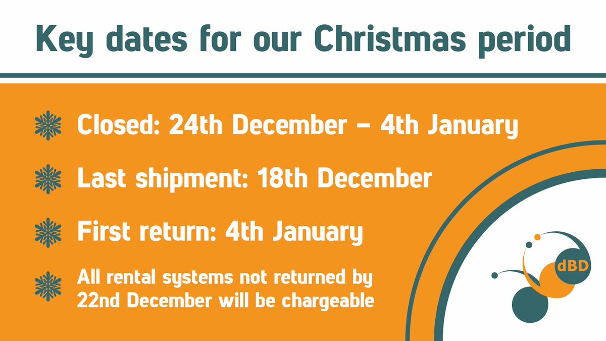 Please note that our last shipment date for the Christmas period is TODAY with the first return date being 4th January.

Please let us know of any Christmas requirements including Managed Service and Rentals as soon as possible.

bit.ly/3997RGU