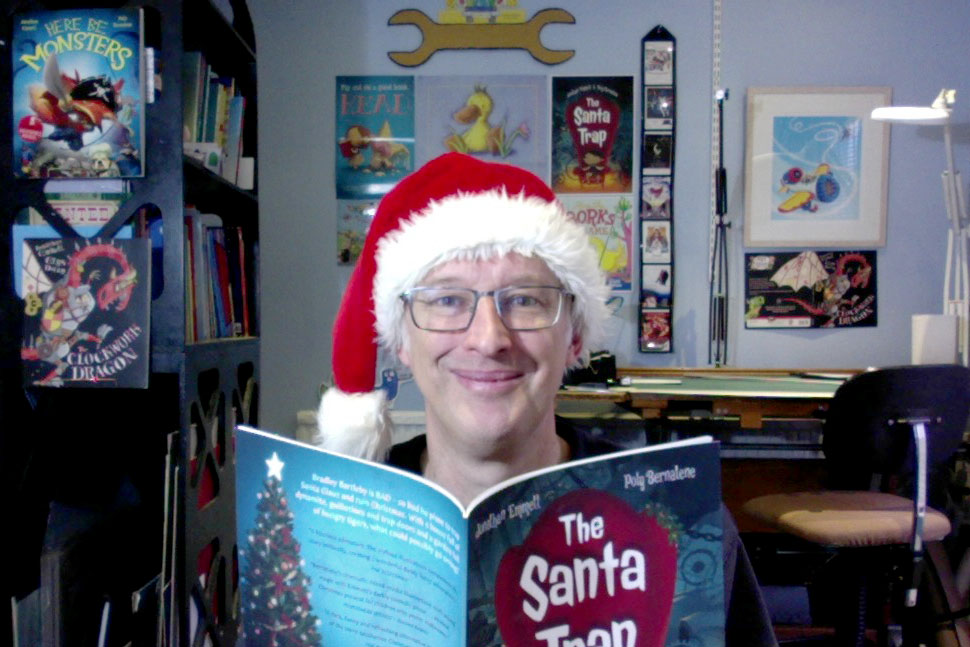 JonathanEmmett's tweet photo. I'll be doing my last #VirtualVisit of the year this afternoon, to read #TheSantaTrap and #TheClockworkDragon to the 3rd Graders of Narragansett Elementary in Rhode Island. If your school is interested in booking a virtual visit for 2021, find out more at https://t.co/HFQk329esL https://t.co/6CcAZ63L2c