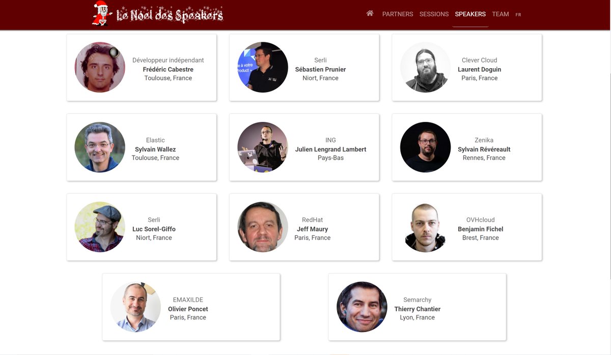 Le Noël de Speakers démarre lundi et vous vous posez des questions sur le programme ? 
Commençons donc a lever le voile avec un aperçu des nos intervenants :
<a href="/fcabestre/">Frédéric Cabestre</a> <a href="/sebprunier/">Sébastien PRUNIER</a> <a href="/ldoguin/">Laurent Doguin</a> <a href="/bluxte/">Sylvain Wallez</a> <a href="/jlengrand/">INACTIVE - Julien Lengrand-Lambert 🥑👋</a> <a href="/srevereault/">Sylvain Révéreault</a> @lucsorel <a href="/jeffmaury/">Jeff MAURY @jeffmaury@mastodon.social</a> <a href="/ponceto91/">Olivier Poncet 🦝</a> <a href="/titimoby/">Thierry - 🛠️ & 💖</a> &amp; Bejamin Fichel