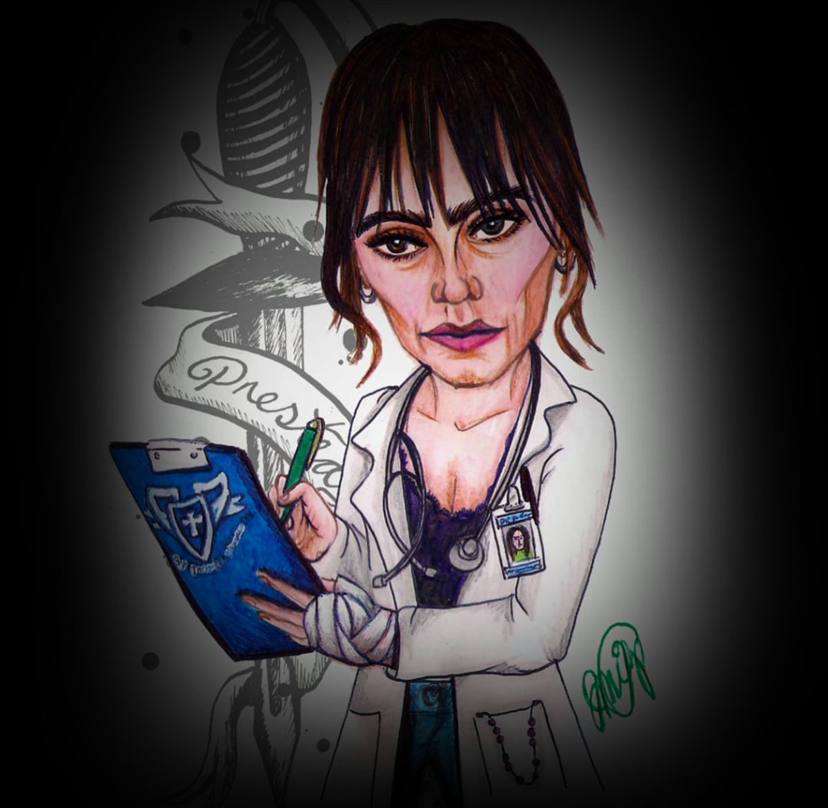 PrestedgeA's tweet photo. Dr Tara Grace Knowles taught me the true meaning of - 
'The Pen is mightier than the Sword.' 
She managed to do so much damage with just paperwork alone, all the way through from the start. So I've illustrated her for #FanArtFriday #SutterArt #SOA @sutterink 🏥👩🏻‍⚕️🍴 https://t.co/1dURxe5jLX